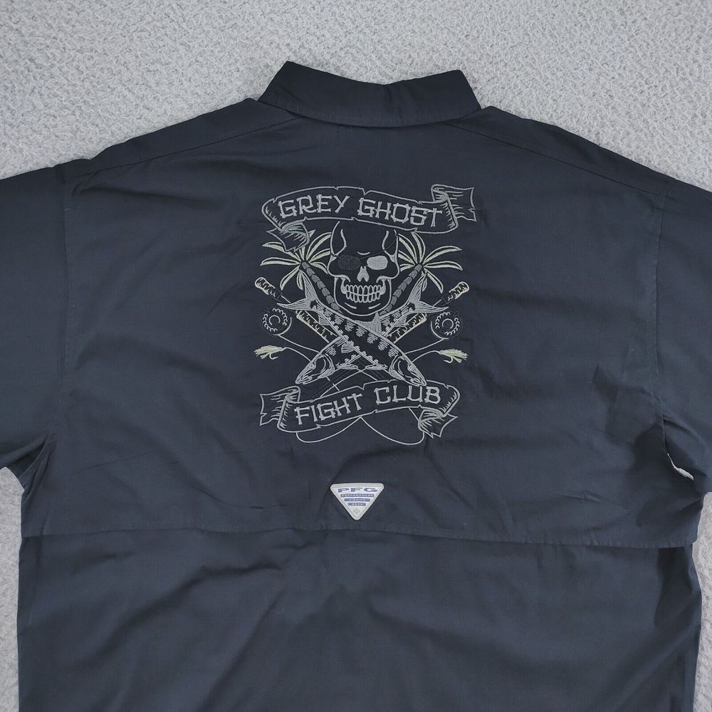 Columbia PFG Bonehead Mens Medium Button Up Fishing Shirt Grey Ghost Fight Club